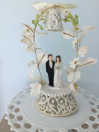Vintage Wedding Cake Topper Bride Groom Bell Faux Flowers Chalk Ware 11.  5” Tall
