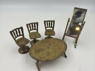 Vintage 5 Piece Brass Doll House Furniture Table Chairs & Mirror Miniature India