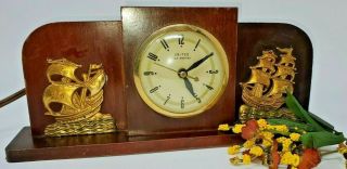 Vintage United Clock Corp Wood & Metal Light Sailing Ship Mantel Clock Nautical