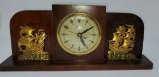 Vintage United Clock Corp Wood & Metal Light Sailing Ship Mantel Clock Nautical 2