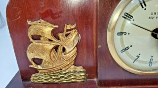 Vintage United Clock Corp Wood & Metal Light Sailing Ship Mantel Clock Nautical 3