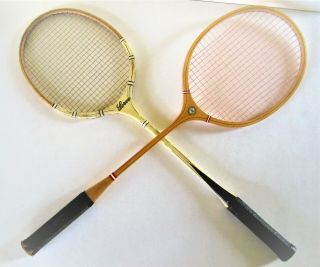 2 Vintage Badminton Racquets Spalding Monogram And Lerve,  2 Presses