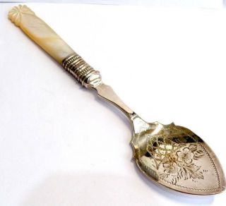 Antique Vintage Silver Plated Cutlery Jam Preserve Spoon Mother Of Pearl Handle