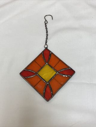 Retro Vintage Stained Glass Square Suncatcher Red Orange Yellow 3”x3”