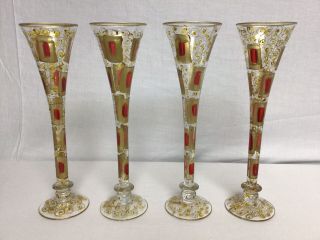 Vtg Set Of 4 Royal Danube Hand Painted Crystal Champagne Glasses Romania Labels
