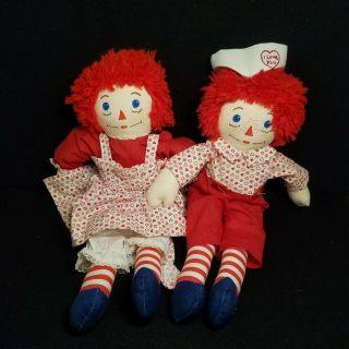 Vintage Raggedy Ann And Andy Plush Rag Dolls 15” Tall Red Outfits Painted Faces
