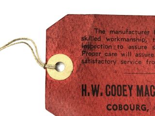 Vintage H.  W.  Cooey Machine & Arms Co.  Cobourg Ontario Rifle Guarantee Red Tag 2