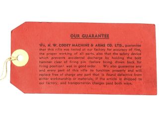 Vintage H.  W.  Cooey Machine & Arms Co.  Cobourg Ontario Rifle Guarantee Red Tag 3