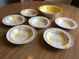 Vintage Alfred Meakin Yellow Serving Bowl With 6 Matching Check Bowls
