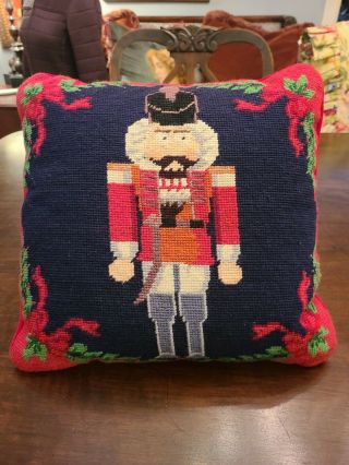 Vintage Christmas Nutcracker Pillow Wool Hand Embroidered Needlepoint 12 " X 13 "