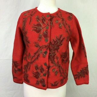 Vtg Susan Bristol Petite Red Hand Embroidered Wool Cardigan Sweater Women Sz Mp