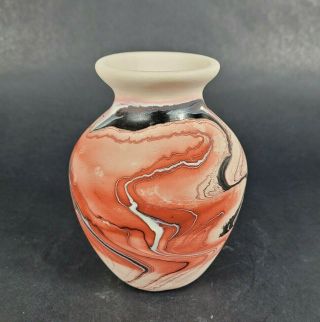 Vintage Nemadji Indian River Pottery Vase Red Black Swirls Marked 5.  25 " Tall