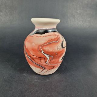 Vintage Nemadji Indian River Pottery Vase Red Black Swirls Marked 5.  25 