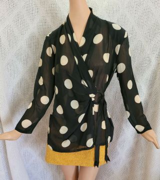 Vintage 70s 80s Black & White Polka Dots Sheer Long Sleeve Wrap Blouse Top S