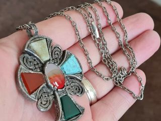 Old Vintage Signed Miracle Jewellery Scottish Agate Celtic Cross Pendant & Chain