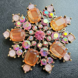 Vintage Style Pink Ab Rhinestone Amber Acrylic Flower Brooch Pin 371