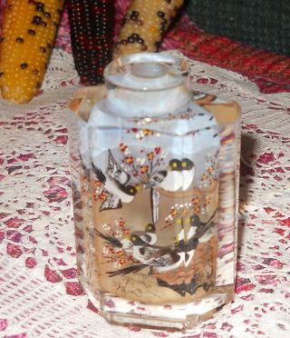 Vintage Chinese Reversed Painted Octagonal Birds Branches Glass Snuff Bottle