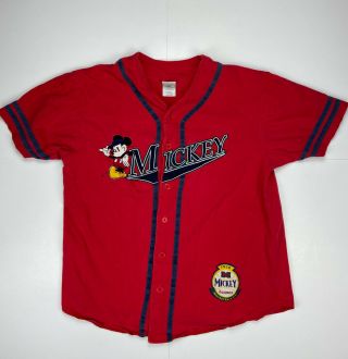 Vintage 90’s Mickey Mouse League Baseball Jersey Red Shirt Disney Store Men’s L