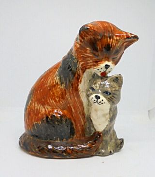 Vintage Studio Pottery Cat And Kitten Figure.  C.  1960s.  Hand Crafted & Painted.