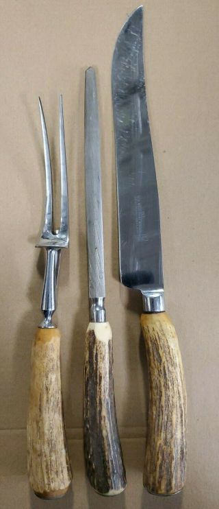 Vintage Ixl Wostenholm & Sons Stag Handle 3 Piece Carving Set Sheffield England