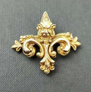 Vintage Brooch Signed Florenza Gold Plated Lion Head Cross Ornate Unusual Pin