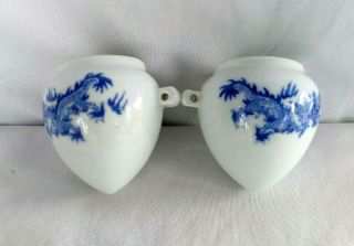 Porcelain Bird Feeders Oriental White Blue Tear Drop Bowls Vintage