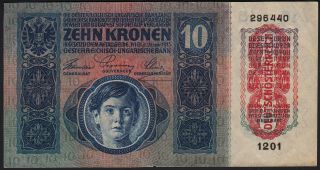 1915 (1919) Austria 10 Kronen Old Vintage Paper Money Banknote Currency Note Vf