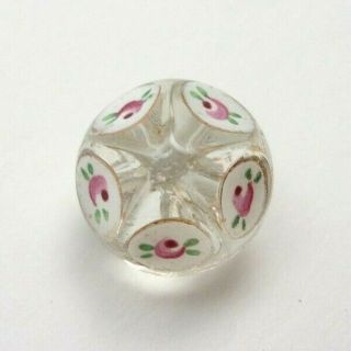 Vintage Cone Shaped Clear Glass Ball Button With Painted Enamel Roses,  9/16 "