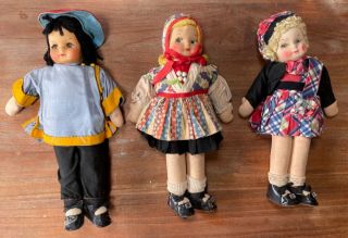 Antique/vintage Set Of 3 Cloth Rag Dolls 10.  5”