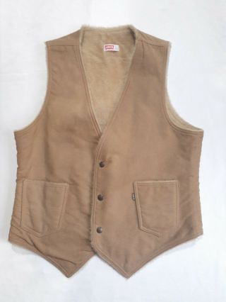 Vtg 70s Levis Sherpa Tan Vest Snap Button Western Made In Usa Size M 100 Cotton