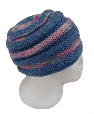 Hand Knit Womens Bucket Hat Beanie Pastel Colors Blue Pink Boho Vtg Handmade Os