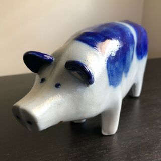 Vintage David Eldreth Pa Salt Glazed Stoneware Cobalt Blue On Gray Folk Art Pig