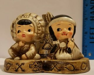 Salt And Pepper Shaker.  Vintage.  3 Piece Native American Boy And Girl.  Indians.