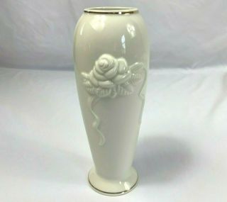 Vintage Lenox Embossed Floral Rose Bud Vase Cream Color Gold Trim 7.  5 "