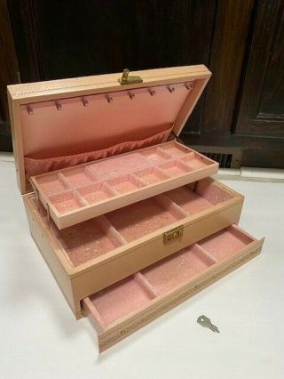 Fabulous Vintage Mcm Mid Century Mele Jewelry Box Pink Magic Touch 3 Tier W/ Key