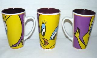 Gibson 1998 Looney Tunes 14 Oz Set Of 3 Tweety Bird Tall Coffee Mugs Vintage