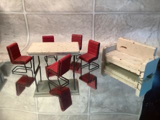 Dollhouse Kitchen Wood Table Chairs W Metal Legs & Wood Sofa Furniture