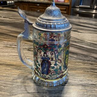 Vintage German Bmf Glass Beer Stein With Pewter Lid And Stained Glass Pattern