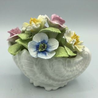 Vintage Coalport Bone China Bouquet Of Flowers In Seashell Vase Made In England