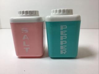 Vintage Small Mid Century Pink And White Salt & Pepper Shakers - Plastic