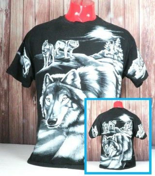 Vtg 90s Howling Wolf Mens Xl 2 Sided All Over Print Tee Shirt 1994 Single Stitch