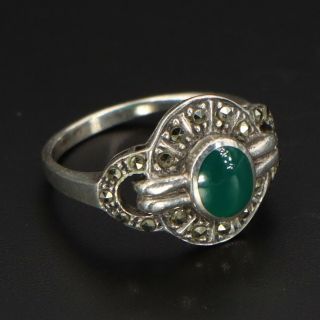 Vtg Sterling Silver - Art Deco Style Green Aventurine Marcasite Ring Size 6 - 2g