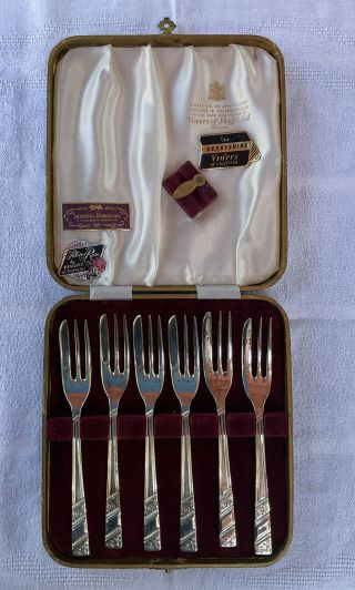 Vintage Set 6 Viners Silver Rose Epns Cake Forks Cutlery Box Plated Sheffield