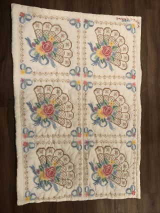 Vintage Handmade Cross Stitched Baby Flower Crib Quilt Blanket 30 X 43