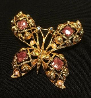 Signed Avon Vintage Butterfly Brooch Pin Rhinestone Pink Glas Faux Pearl Jewelry