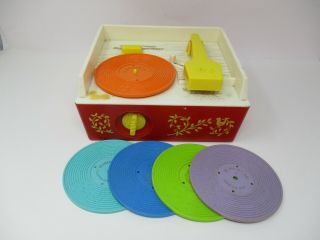 Vintage Fisher Price 1971 Wind - Up Music Box Record Player W/ 5 Discs 995
