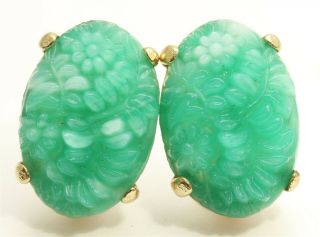 Vintage Ciner Ornate Czech Molded Green Peking Glass Flower Leaf Clip Earrings