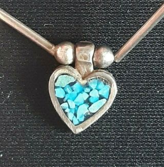 Vintage Navajo Silver & Turquoise Heart Charm Choker Or Childs Necklace 16 "