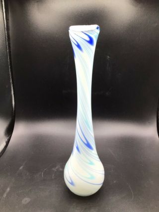 Vintage Hand Blown White Blue Swirl Art Glass Vase Cased In White 13 1/3” Tall