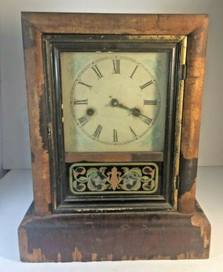 Vintage Antique Haven Clock Co Mantle Shelf Clock W/ Painted Glass Door